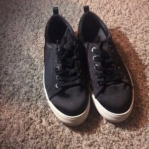 Black Satin low top platform sneakers